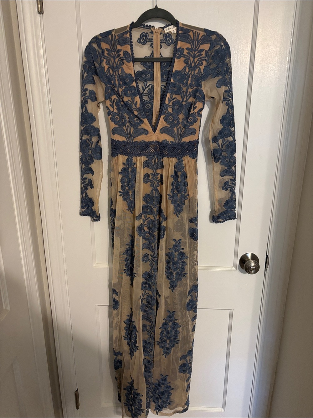 For Love & Lemons Navy Blue Floral Embroidered Maxi Dress